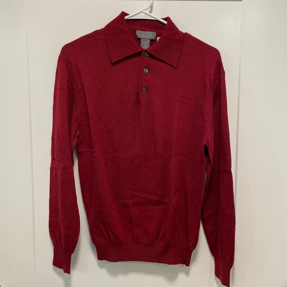 Guy Risoldi Men Burgundy Red 100% Italian Merino Wool Long Sleeve Polo Sweater S
